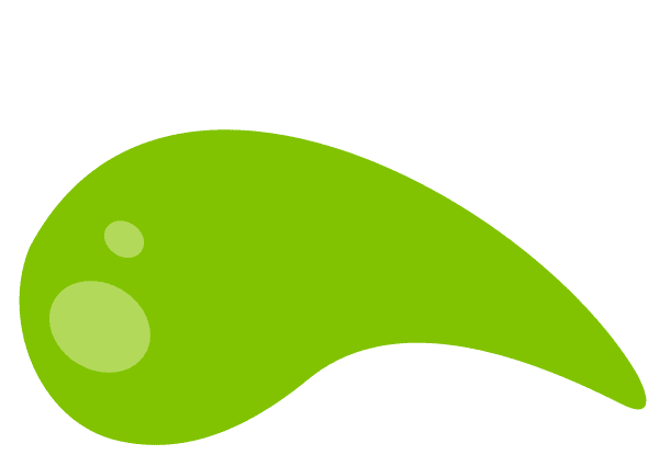 A simple green abstract shape with two circular highlights on a plain light gray background.