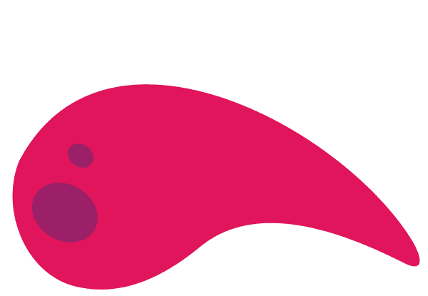 A large, abstract red shape with a pointed end and two smaller circular purple spots on the left side, set against a plain light gray background.