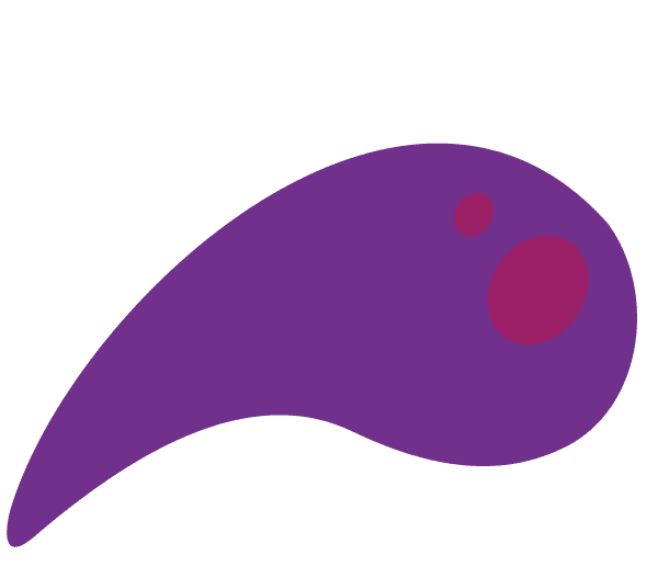 A simple purple abstract shape with a curved tail, featuring two circular spots, one smaller and one larger, on a light gray background.
