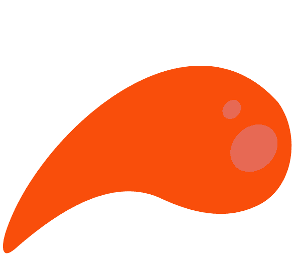 An abstract orange shape with a rounded end and two circular spots on the right side, set against a plain light background.