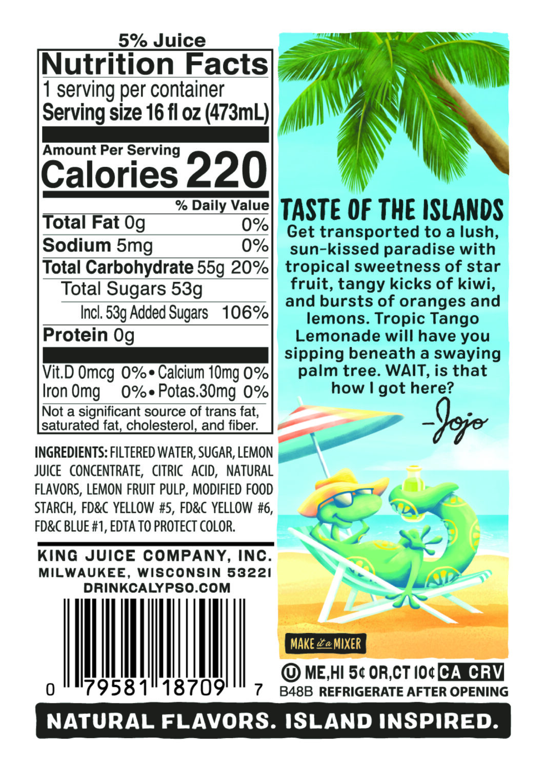 Colorful beverage label featuring nutrition facts, tropical-themed illustrations, and branding details. Includes a beach scene with a palm tree, crab, and surfboard. Contains 5% juice.