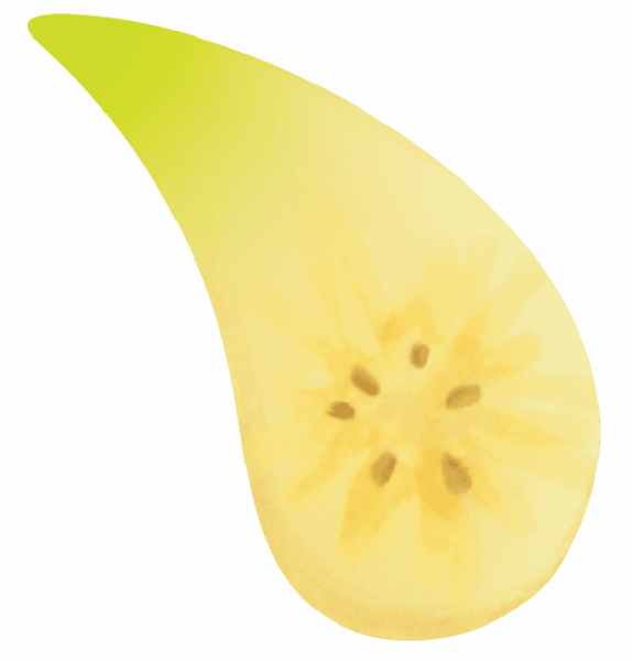 A stylized yellow tear-shaped fruit slice with visible seeds and a light green tip on a plain background.