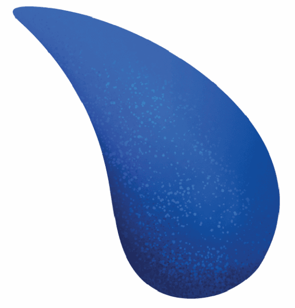 A single blue water droplet with a textured surface on a plain white background.