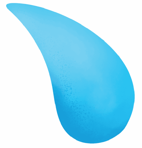 A large, bright blue water droplet with a smooth gradient and subtle texture on a light grey background.