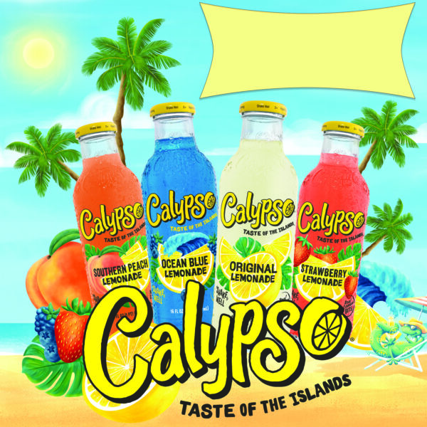 Calypso Southern Peach, Ocean Blue, Original, and Strawberry Lemonades on a beach.