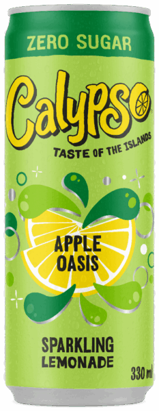 A green can of Calypso Zero Sugar Apple Oasis Sparkling Lemonade, featuring images of lemon and apple slices on the label.