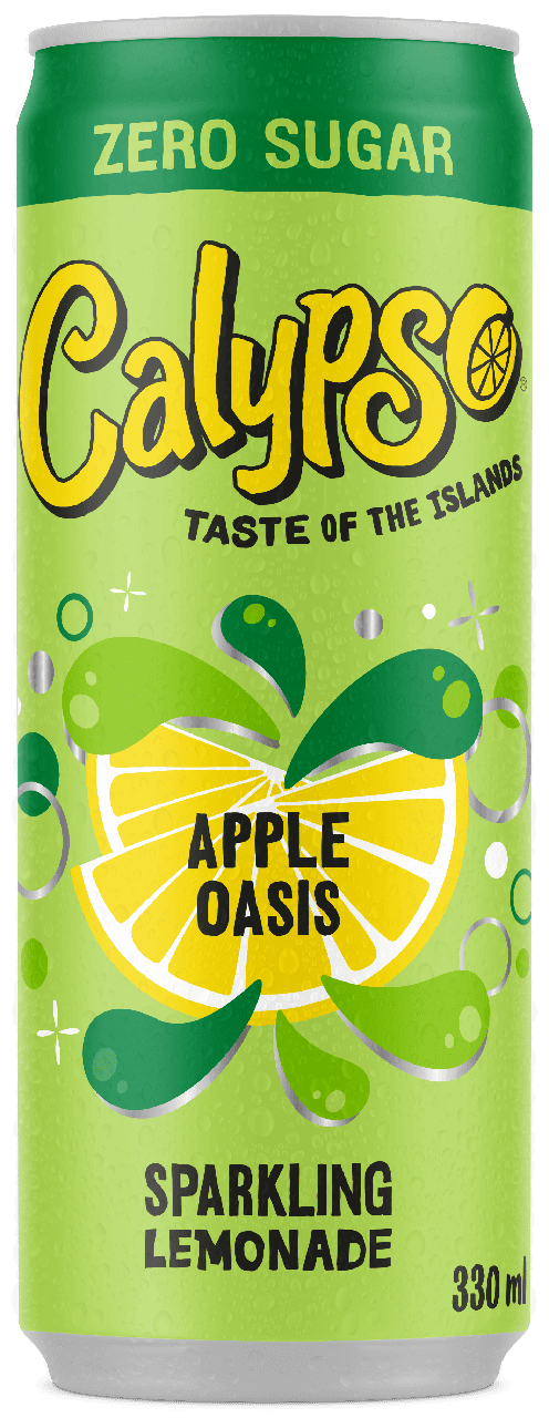 A green can of Calypso Zero Sugar Apple Oasis Sparkling Lemonade, featuring images of lemon and apple slices on the label.