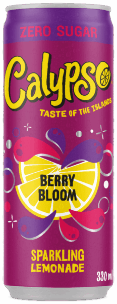 A 330ml can of Calypso Zero Sugar Berry Bloom Sparkling Lemonade with a lemon slice and berry graphics on a purple background.