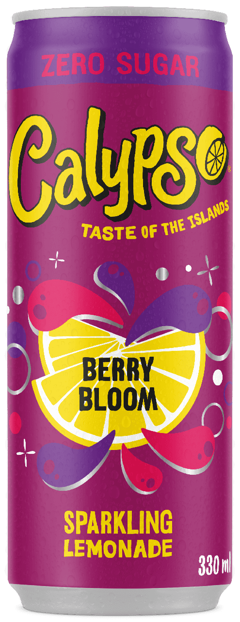 A 330ml can of Calypso Zero Sugar Berry Bloom Sparkling Lemonade with a lemon slice and berry graphics on a purple background.