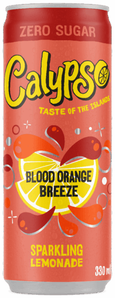 A 330ml can of Calypso Blood Orange Breeze Zero Sugar Sparkling Lemonade, with bright red and yellow graphics and citrus fruit illustrations on the label.