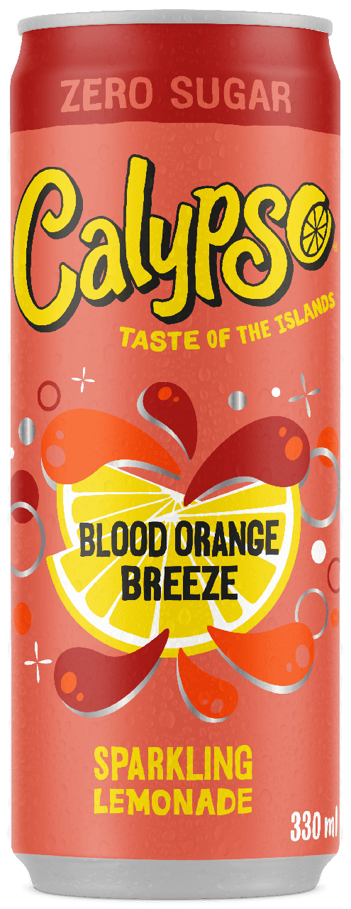 A 330ml can of Calypso Blood Orange Breeze Zero Sugar Sparkling Lemonade, with bright red and yellow graphics and citrus fruit illustrations on the label.
