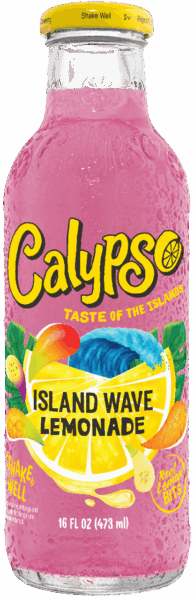 A 16 fl oz glass bottle of Calypso Island Wave Lemonade with a pink drink inside, condensation on the bottle, and colorful fruit graphics on the label.