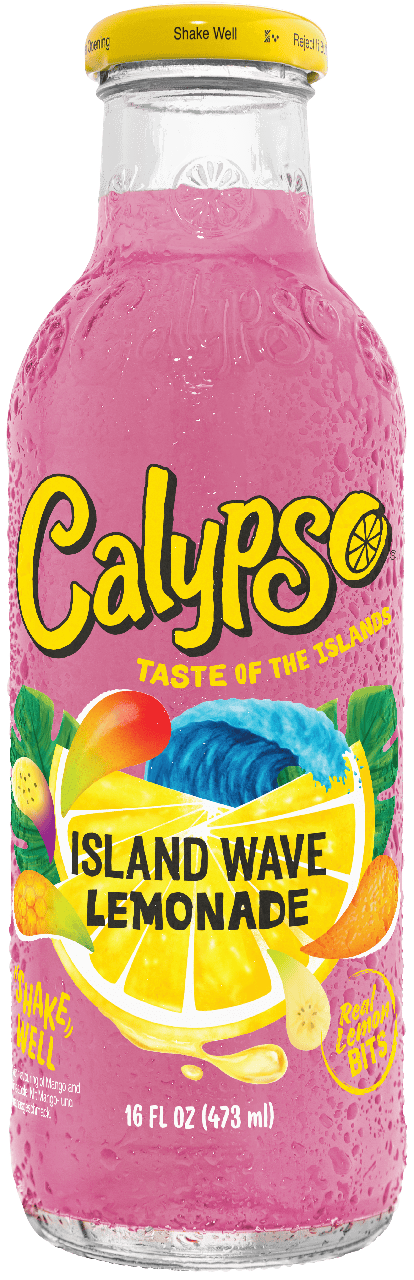 A 16 fl oz glass bottle of Calypso Island Wave Lemonade with a pink drink inside, condensation on the bottle, and colorful fruit graphics on the label.