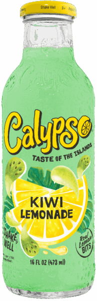 A 16 fl oz bottle of Calypso Kiwi Lemonade with a green liquid inside, displaying the label "Taste of the Islands" and images of kiwi and lemon slices.
