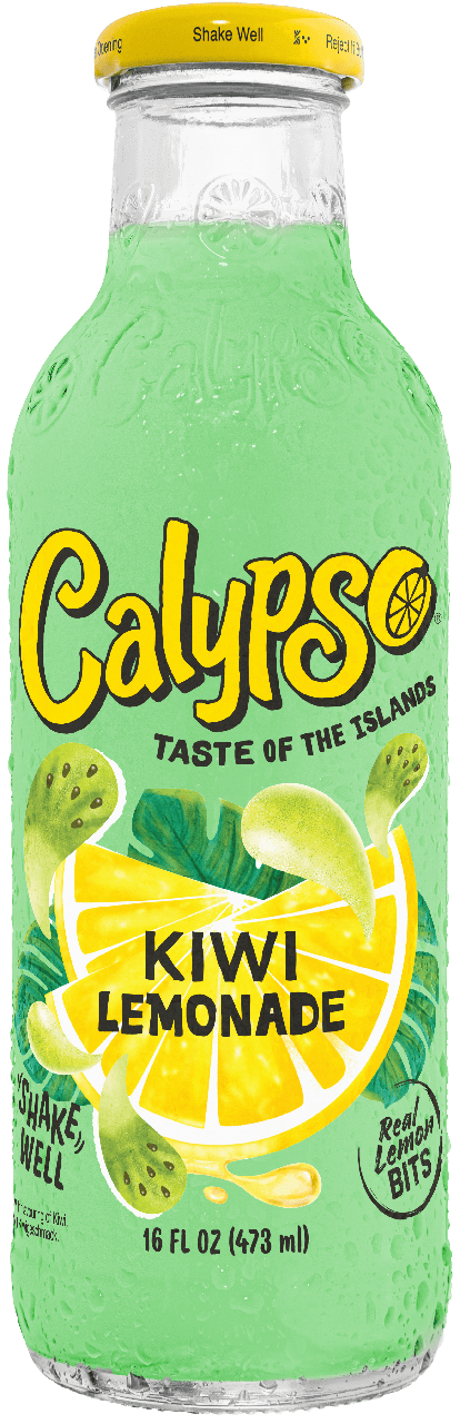 A 16 fl oz bottle of Calypso Kiwi Lemonade with a green liquid inside, displaying the label "Taste of the Islands" and images of kiwi and lemon slices.