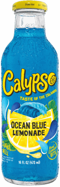 A 16 fl oz bottle of Calypso Ocean Blue Lemonade with bright blue drink inside and yellow, blue, and lemon graphics on the label.