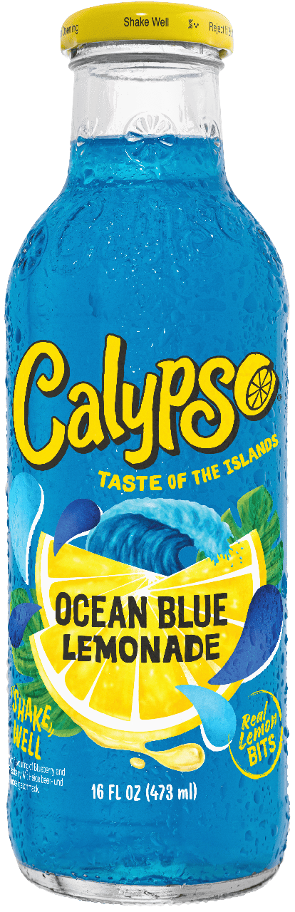 A 16 fl oz bottle of Calypso Ocean Blue Lemonade with bright blue drink inside and yellow, blue, and lemon graphics on the label.