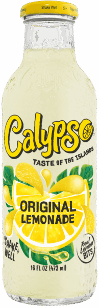 A clear glass bottle of Calypso Original Lemonade with a yellow cap and label featuring images of lemons and green leaves. The bottle contains 16 fl oz (473 ml) of lemonade.