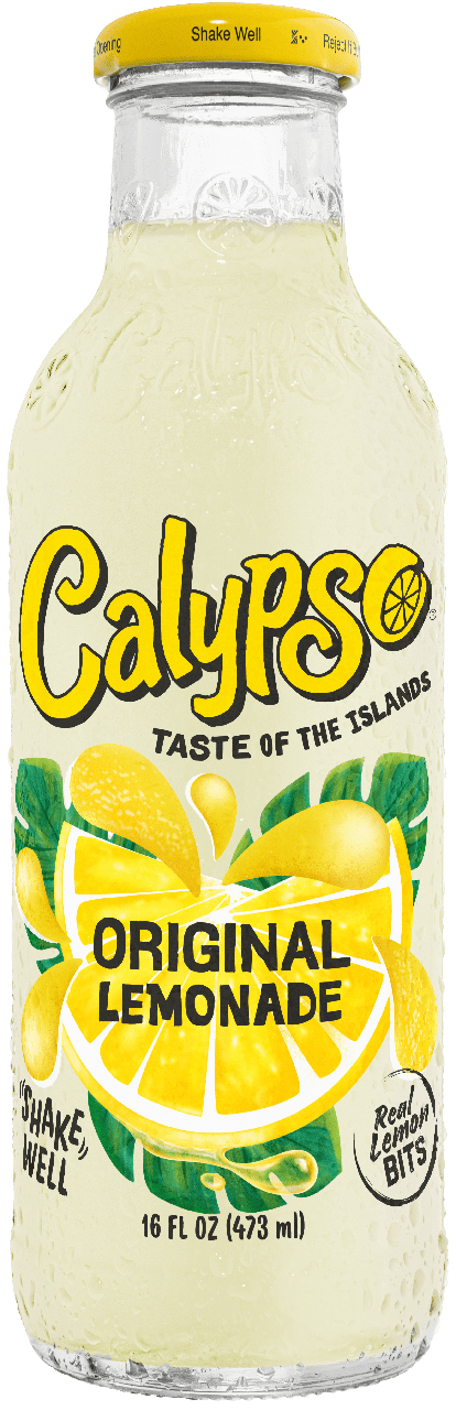 A clear glass bottle of Calypso Original Lemonade with a yellow cap and label featuring images of lemons and green leaves. The bottle contains 16 fl oz (473 ml) of lemonade.