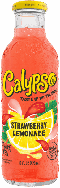 A 16 fl oz glass bottle of Calypso Strawberry Lemonade with a colorful label featuring lemon and strawberry illustrations. The bottle is covered in condensation.