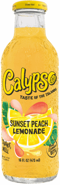 A 16 fl oz bottle of Calypso Sunset Peach Lemonade with yellow liquid, peach illustrations, and the label "Taste of the Islands.