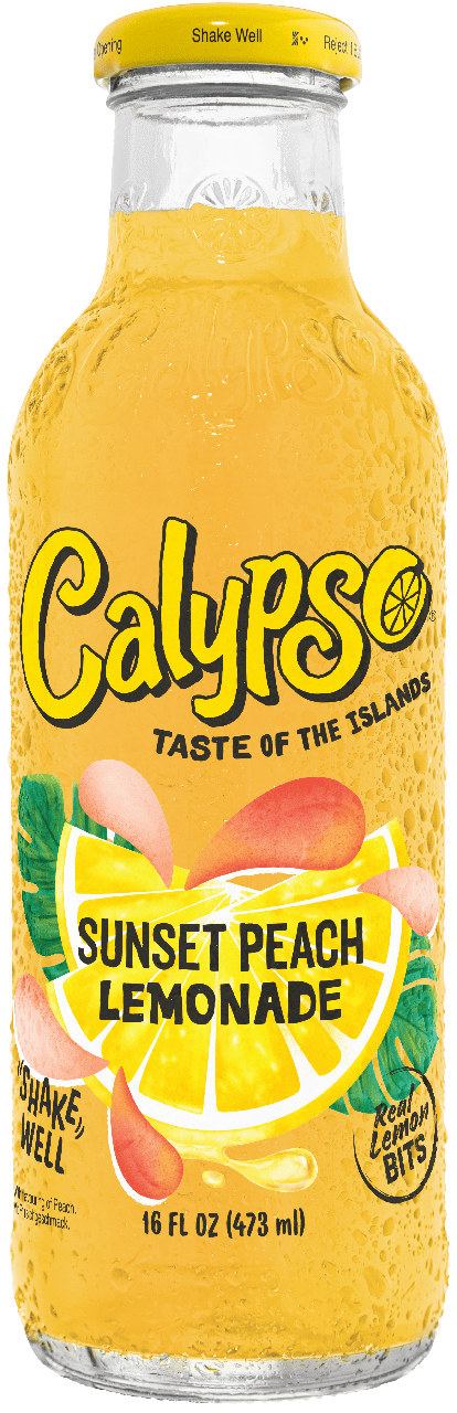 A 16 fl oz bottle of Calypso Sunset Peach Lemonade with yellow liquid, peach illustrations, and the label "Taste of the Islands.
