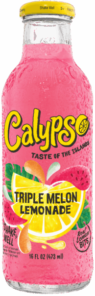 A 16 fl oz bottle of Calypso Triple Melon Lemonade with a bright pink drink, lemon and watermelon graphics, and condensation on the glass.