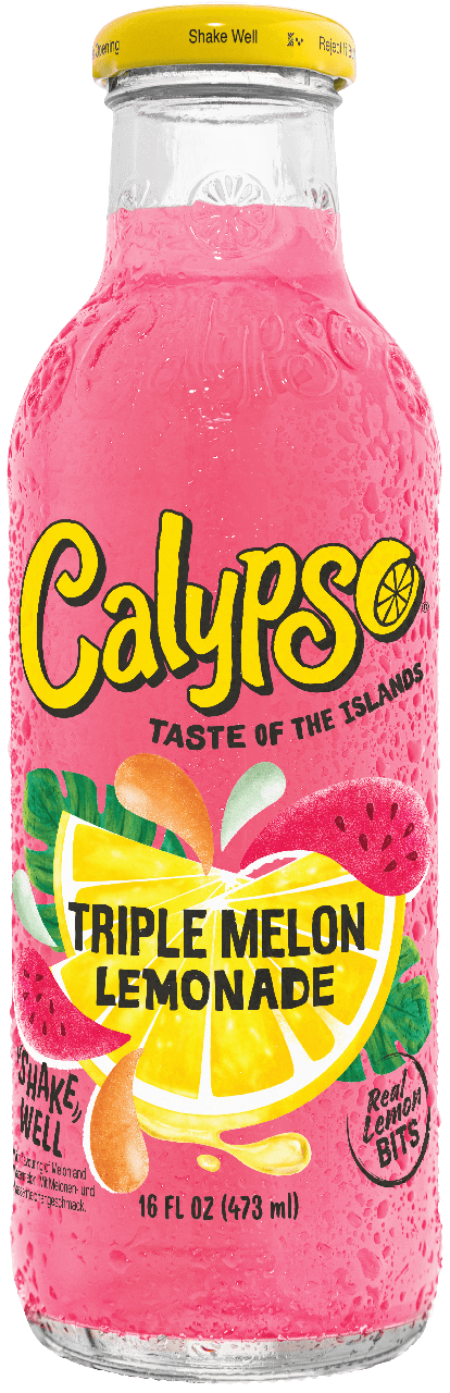 A 16 fl oz bottle of Calypso Triple Melon Lemonade with a bright pink drink, lemon and watermelon graphics, and condensation on the glass.