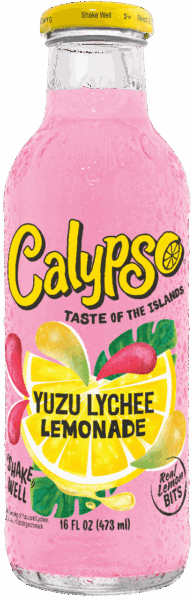 A 16 fl oz bottle of Calypso Yuzu Lychee Lemonade with a bright yellow and pink label featuring lemon slices and the text "Taste of the Islands.