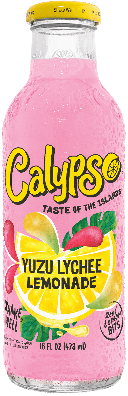 A 16 fl oz bottle of Calypso Yuzu Lychee Lemonade with a bright yellow and pink label featuring lemon slices and the text "Taste of the Islands.