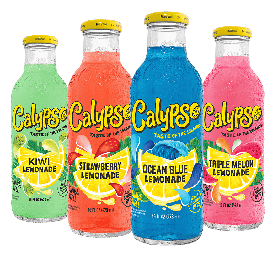 Four Calypso lemonade bottles are shown in different flavors: Kiwi, Strawberry, Ocean Blue, and Triple Melon Lemonade, each with colorful labels and condensation on the bottles.