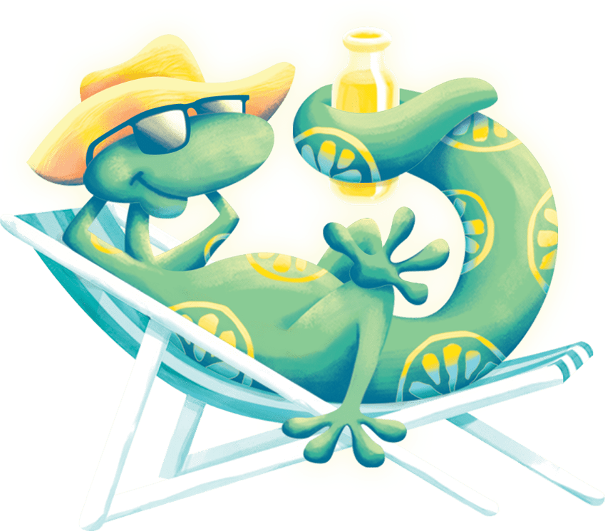 A cartoon lizard wearing sunglasses and a sunhat relaxes on a deck chair, holding a drink bottle with its tail.