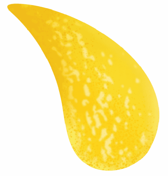 A yellow, teardrop-shaped splash with a textured, speckled pattern on a light gray background.