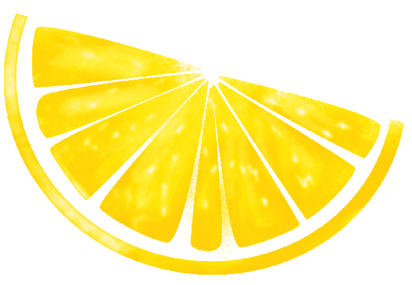 Illustration of a yellow lemon slice, cut in a half-moon shape, with visible segments and a white rind against a plain background.