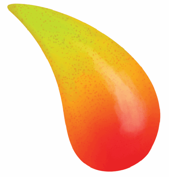 A mango-shaped object with a gradient from green to yellow to red, covered in small speckles, on a plain white background.