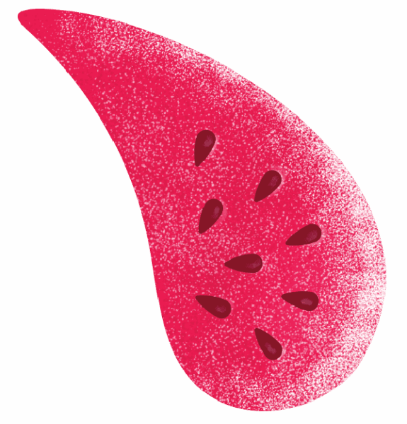 A red teardrop-shaped graphic with a textured surface and several black oval seeds, resembling a stylized watermelon slice.