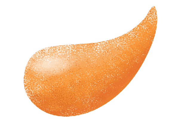 An orange, teardrop-shaped brushstroke with a textured and speckled appearance on a light background.