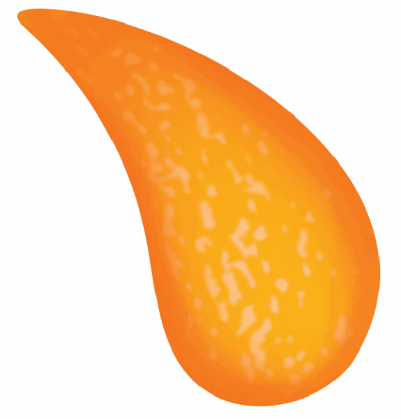 An orange, teardrop-shaped object with a smooth texture and speckled patterns on its surface.