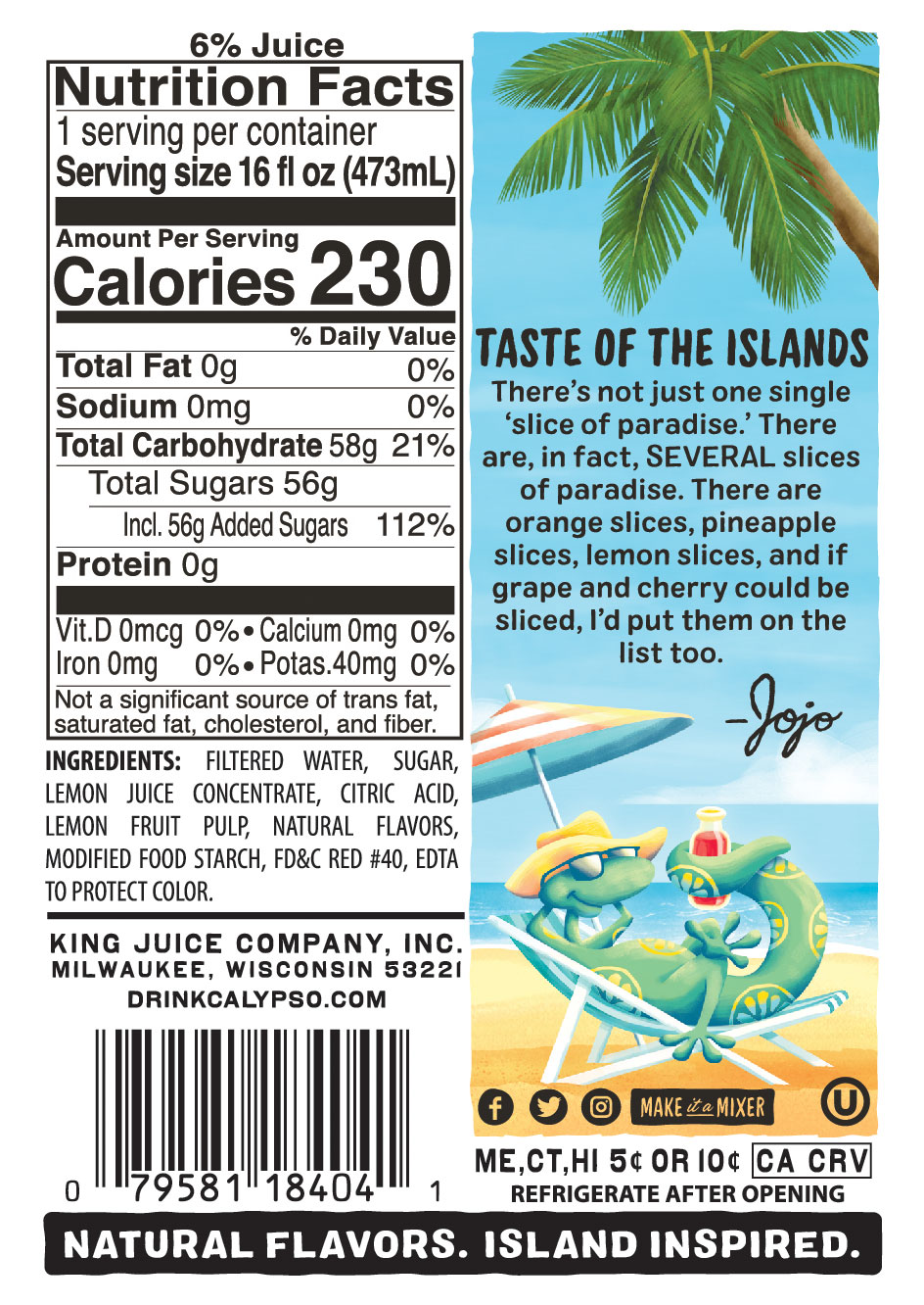 Calypso Paradise Punch Lemonade nutrition facts.