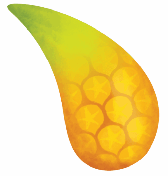 A stylized teardrop shape featuring a gradient from green to yellow-orange with a pattern resembling pineapple skin.