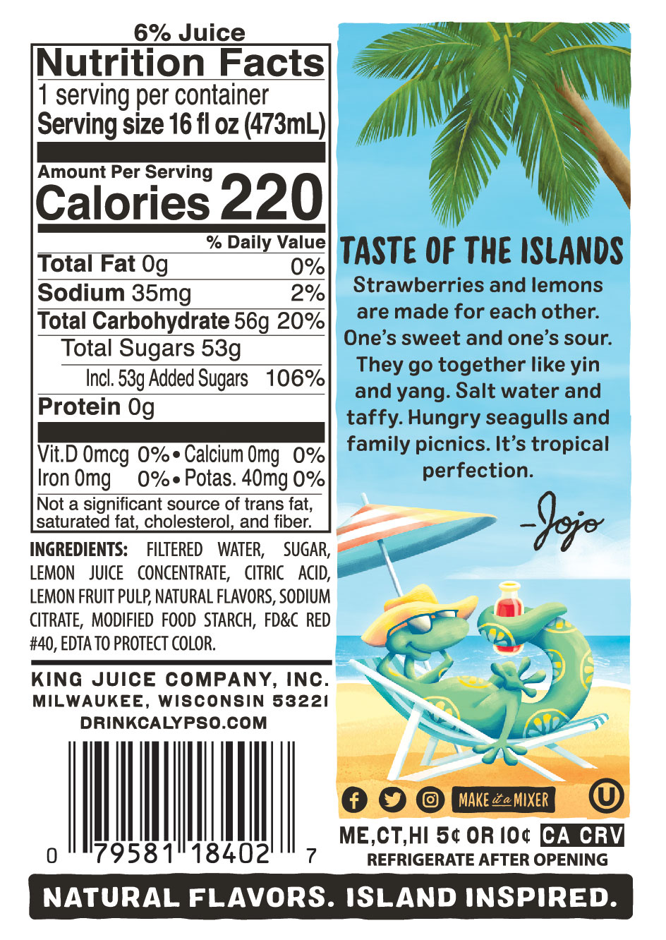 Calypso Strawberry Lemonade nutrition facts.