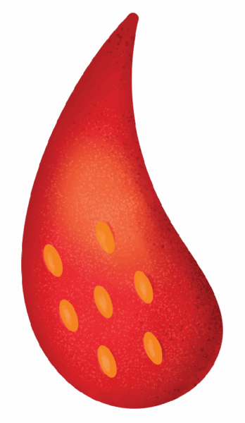 A stylized red teardrop shape with a gradient effect and six small orange oval spots arranged in two rows.