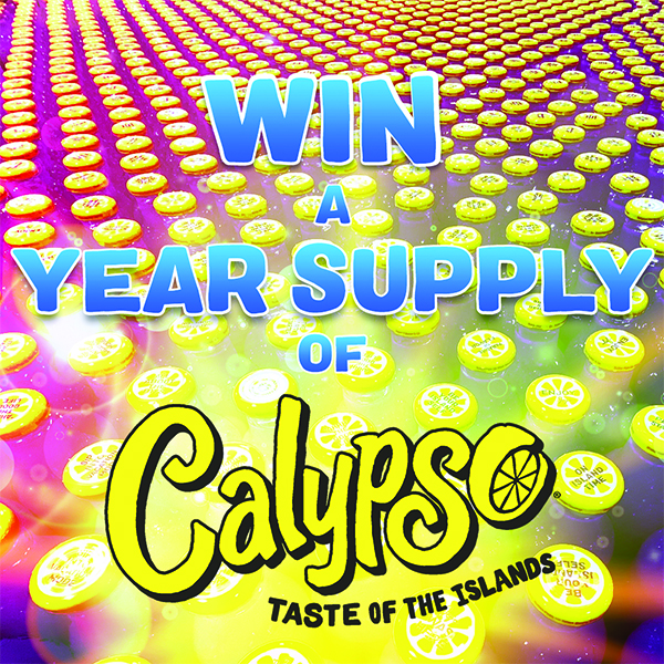 Promotional image showing numerous Calypso bottle caps with text "Win a Year Supply of Calypso - Taste of the Islands.