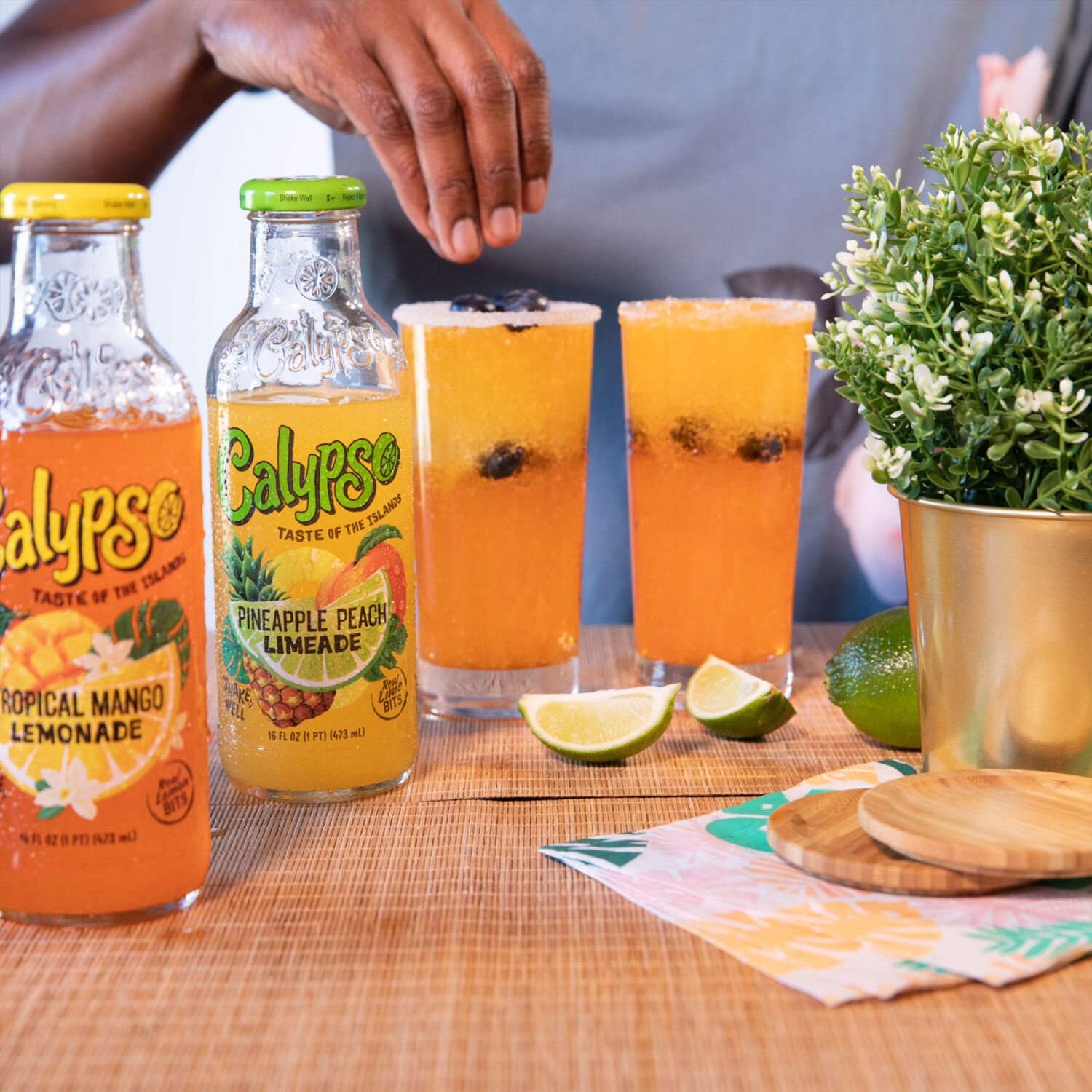 A cocktail using Calypso Pineapple Peach Limeade and Tropical Mango Lemonade.