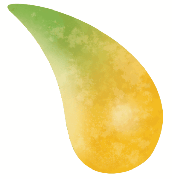 A teardrop-shaped object with a gradient color, blending from green at the tip to yellow and orange at the base, on a plain background.