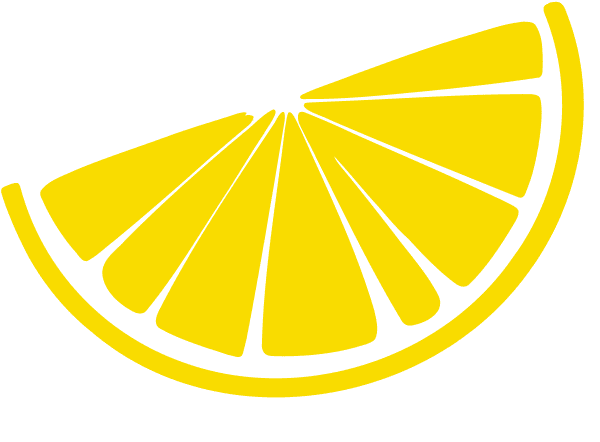 A simple illustration of a yellow lemon wedge, showing six segments with a white rind outline on a light background.
