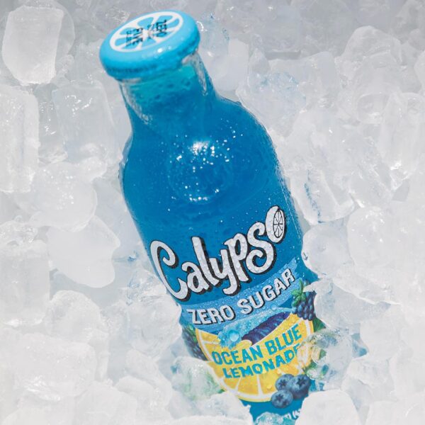 A bottle of Calypso Ocean Blue Zero Sugar sitting in ice.