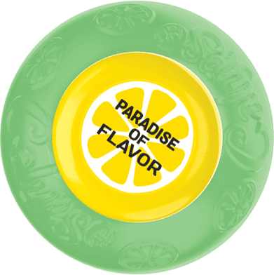 A green frisbee with a yellow center, featuring a citrus slice design and the text "PARADISE OF FLAVOR" in bold black letters.